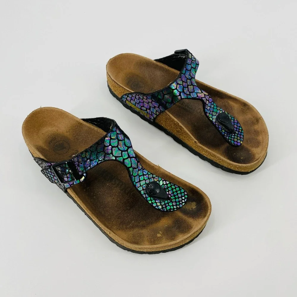 Birkenstock Mermaid Sandals Womens 36 Black Iridescent Snake Print Thong Buckle